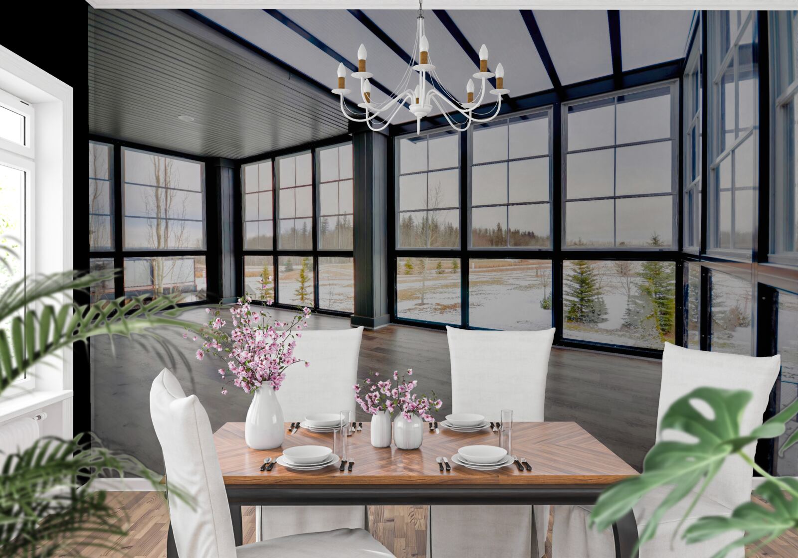 Papier peint chambre non meublée avec des fenêtres allant du sol au plafond