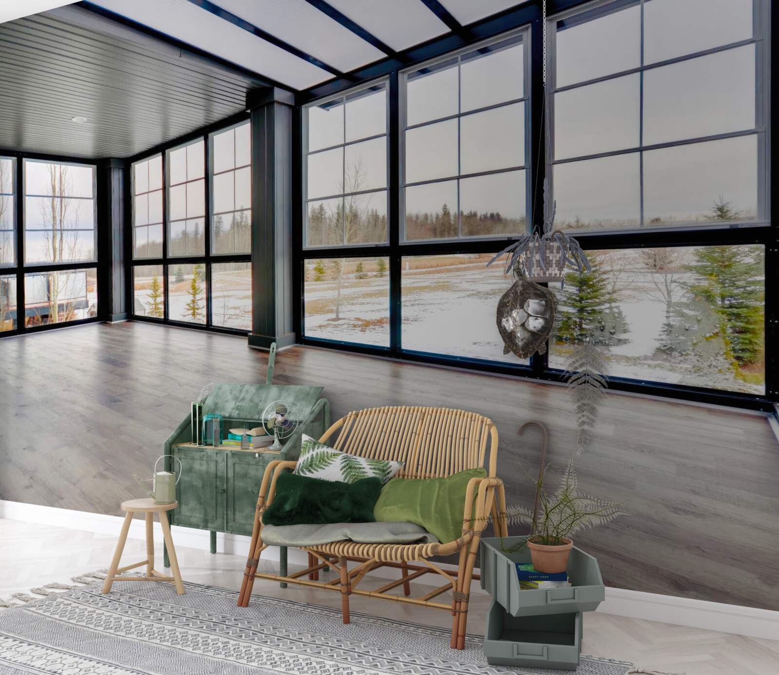 Papier peint chambre non meublée avec des fenêtres allant du sol au plafond