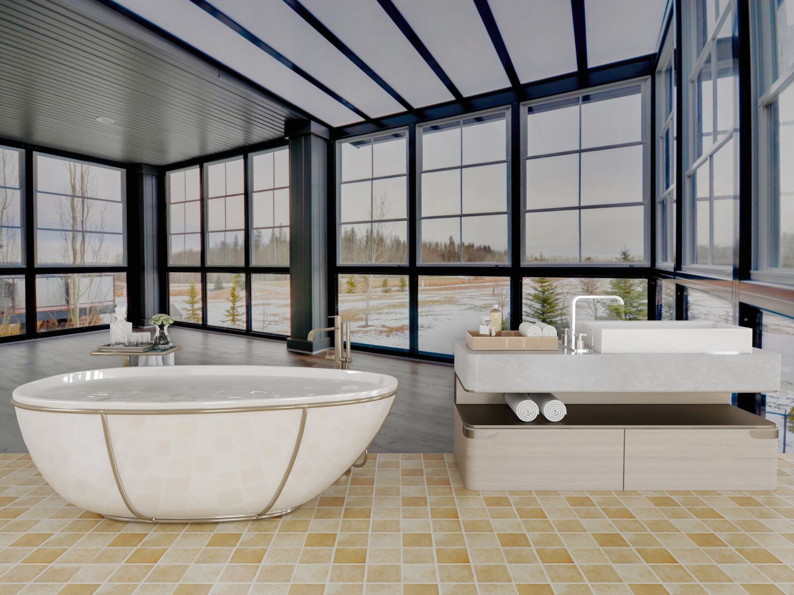 Papier peint chambre non meublée avec des fenêtres allant du sol au plafond