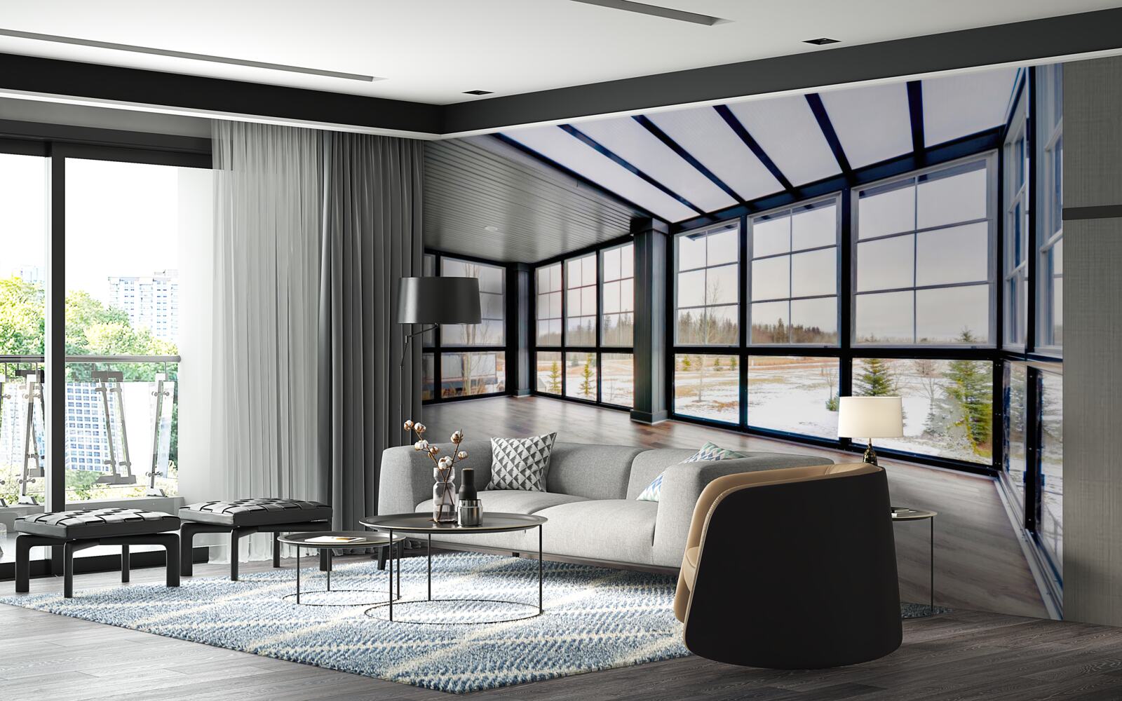 Papier peint chambre non meublée avec des fenêtres allant du sol au plafond