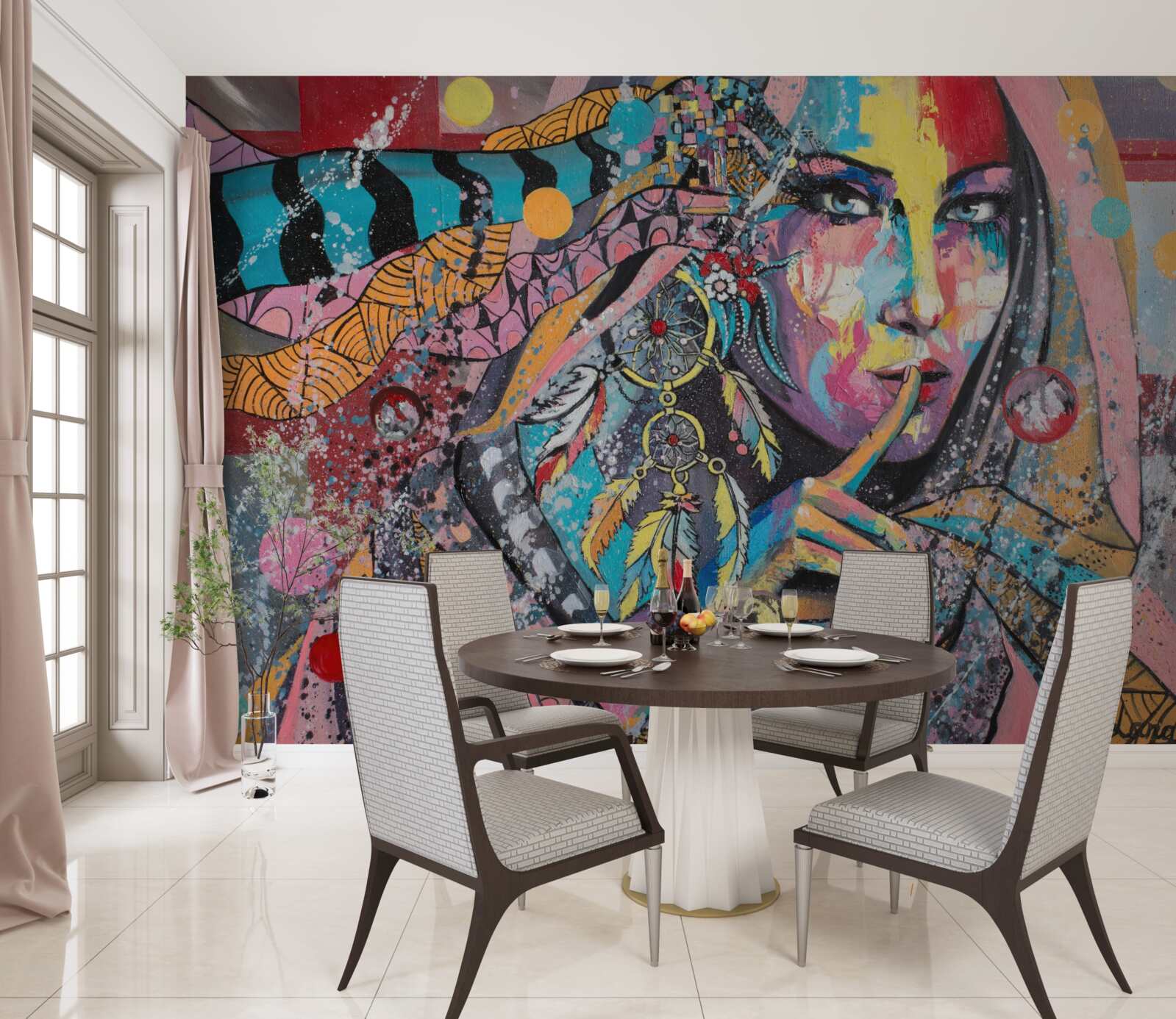 Papier peint illustration d'une jeune fille aux couleurs vives