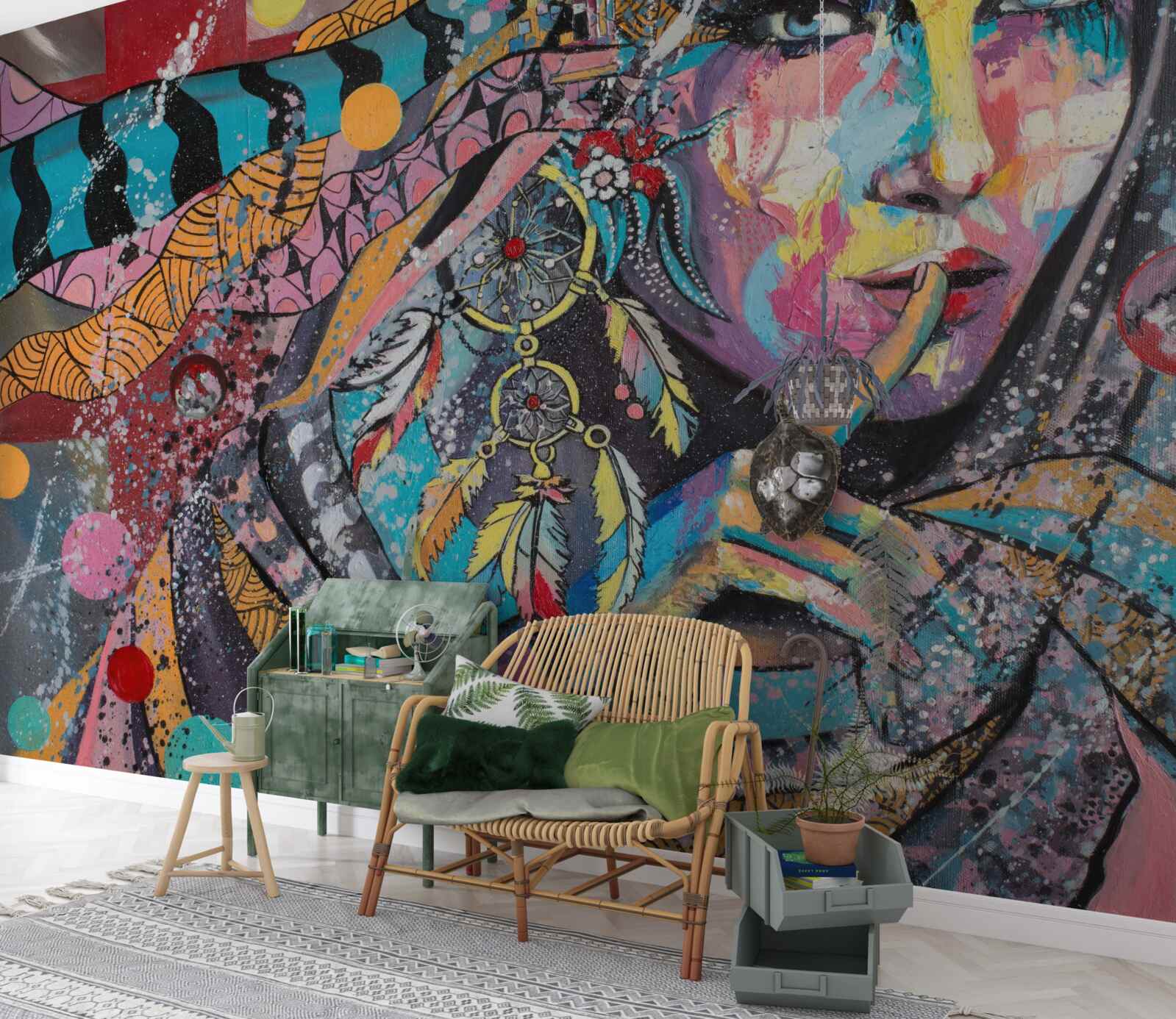 Papier peint illustration d'une jeune fille aux couleurs vives