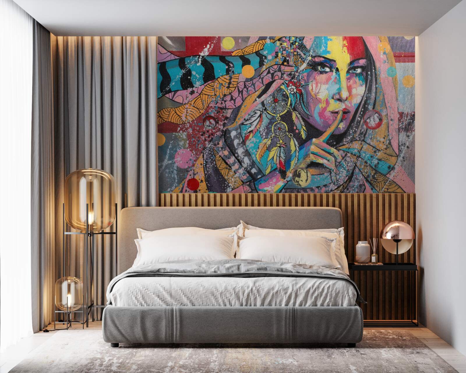 Papier peint illustration d'une jeune fille aux couleurs vives