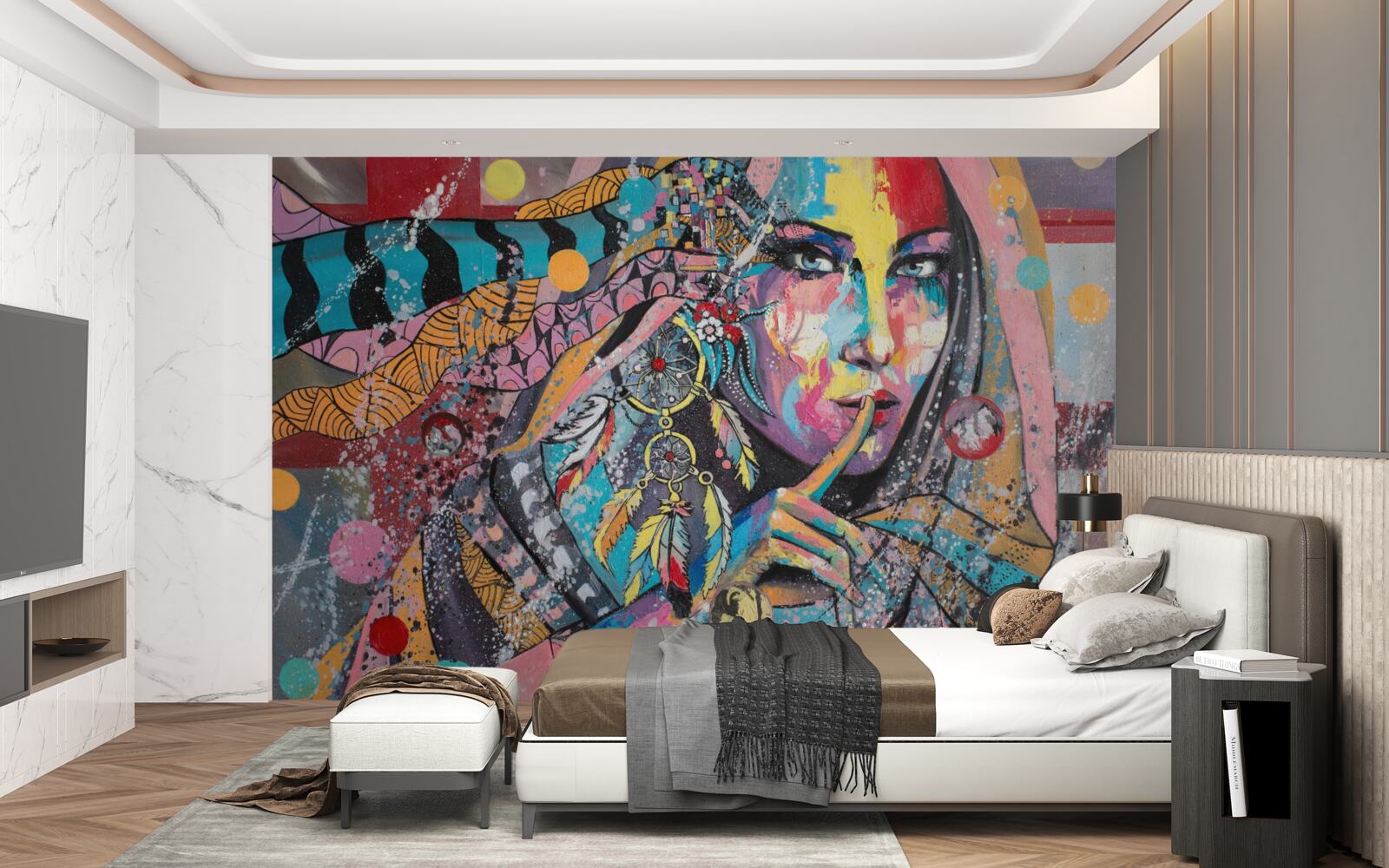 Papier peint illustration d'une jeune fille aux couleurs vives