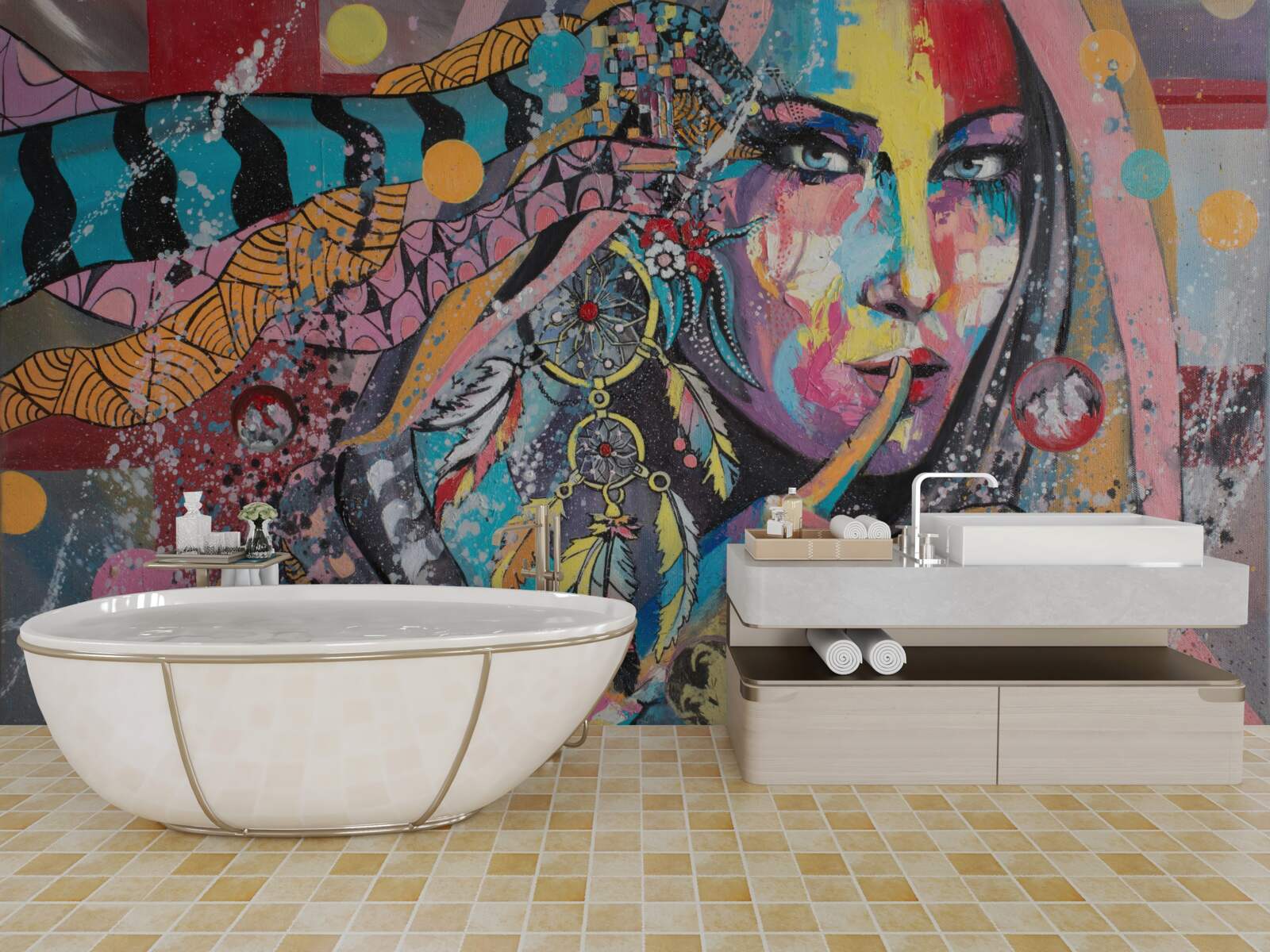 Papier peint illustration d'une jeune fille aux couleurs vives