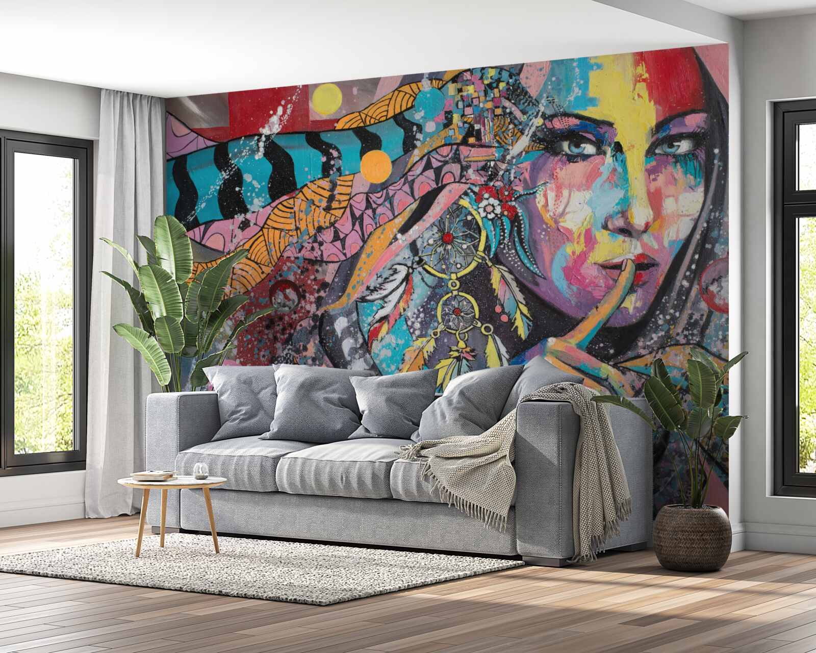 Papier peint illustration d'une jeune fille aux couleurs vives