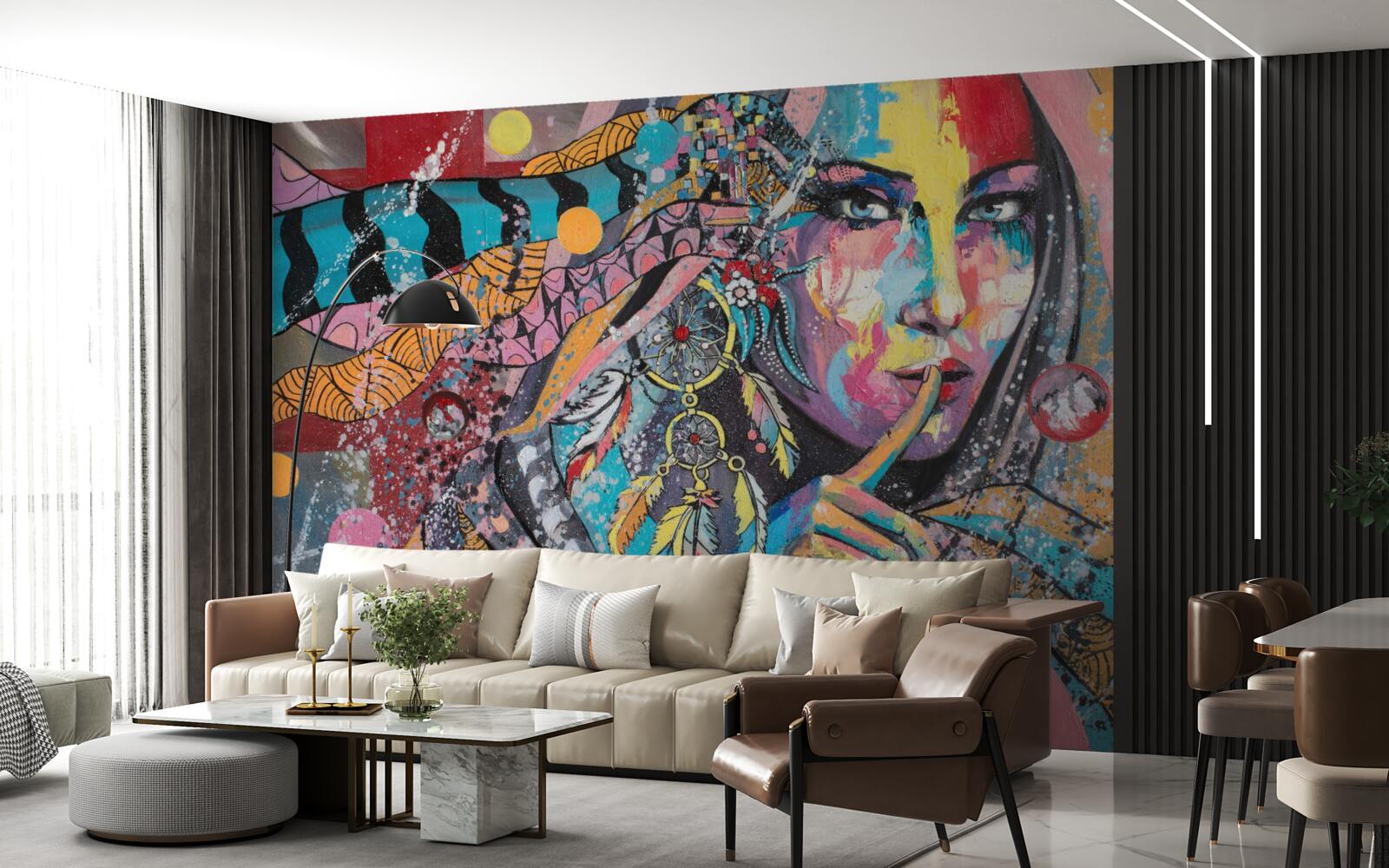 Papier peint illustration d'une jeune fille aux couleurs vives