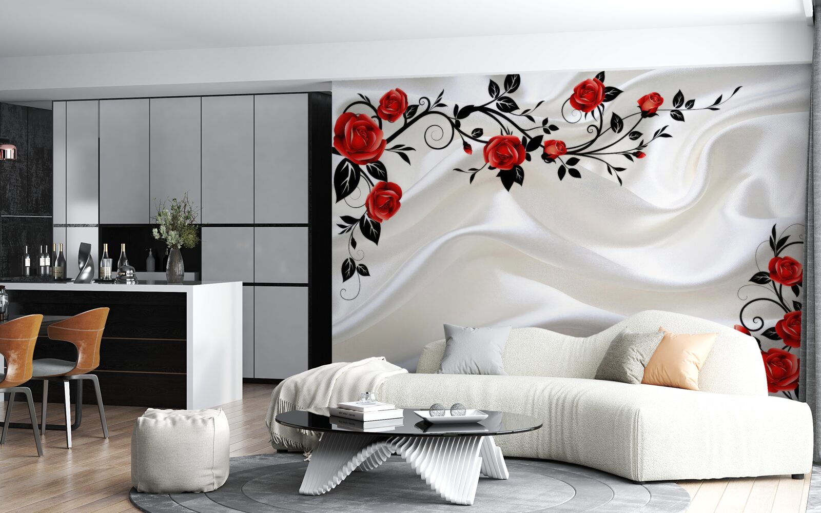 Papier peint satin blanc et roses écarlates