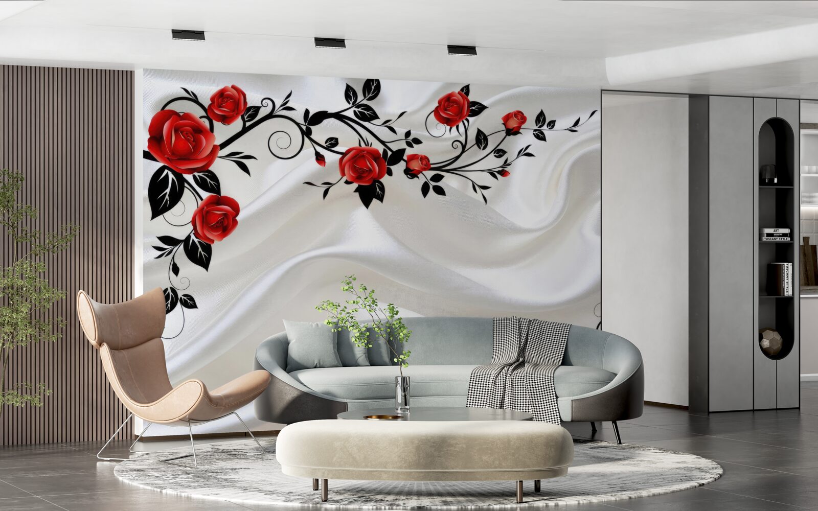 Papier peint satin blanc et roses écarlates