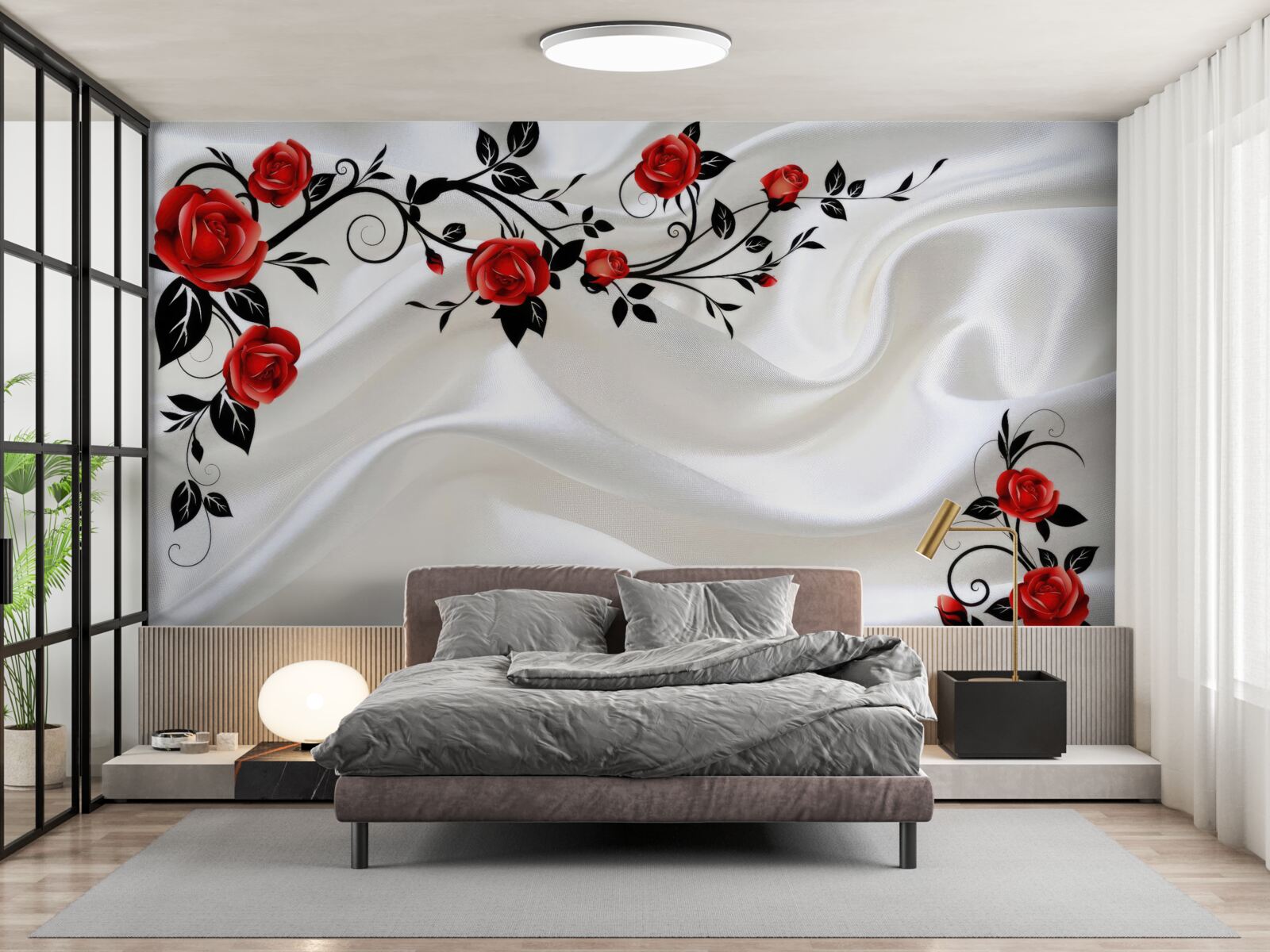 Papier peint satin blanc et roses écarlates