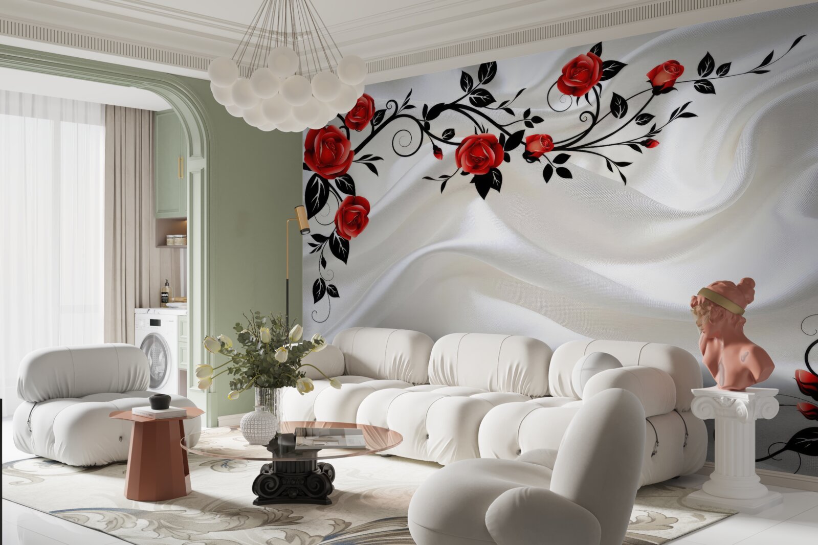 Papier peint satin blanc et roses écarlates