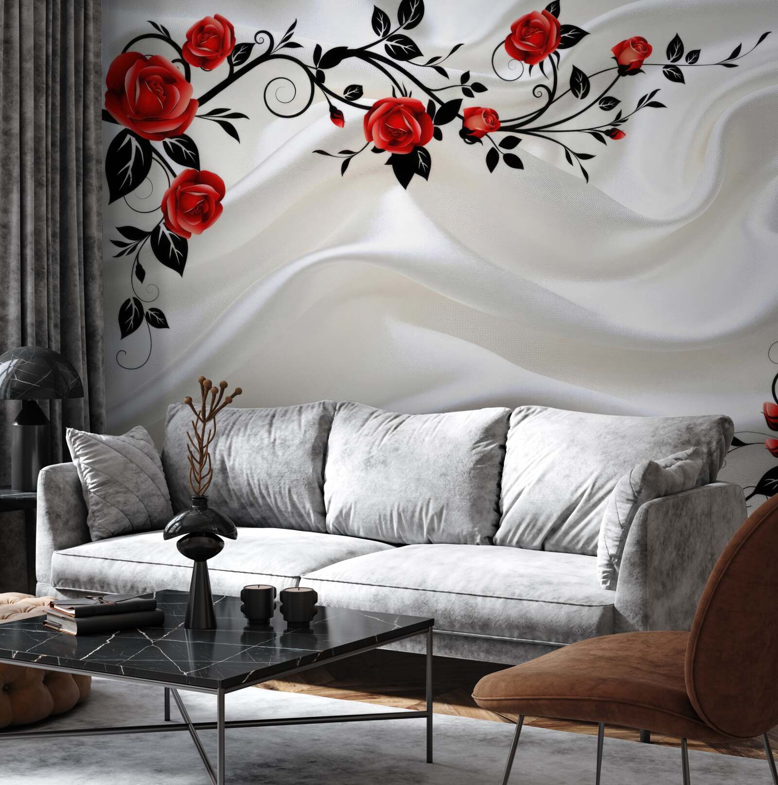 Papier peint satin blanc et roses écarlates