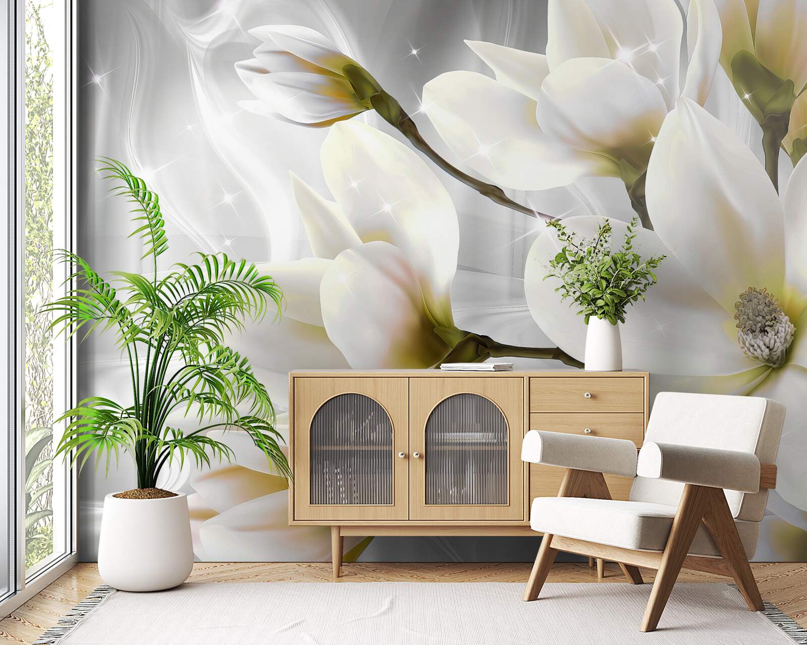 Papier peint grandes fleurs blanches comme la neige