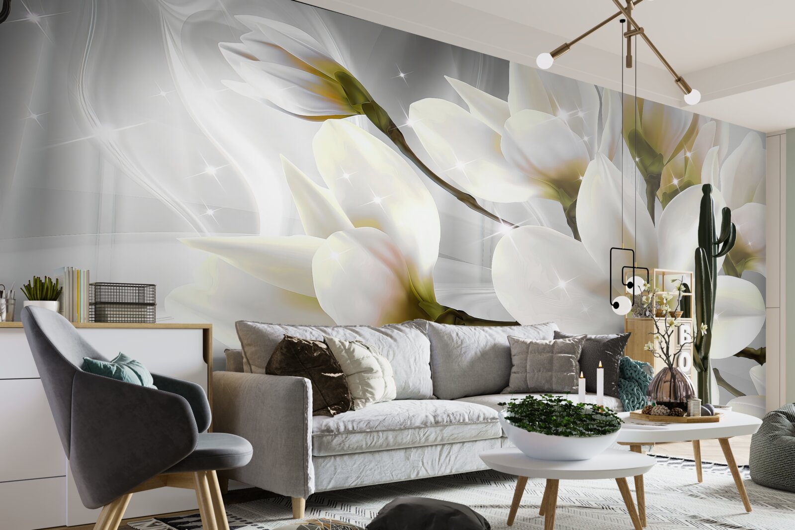 Papier peint grandes fleurs blanches comme la neige