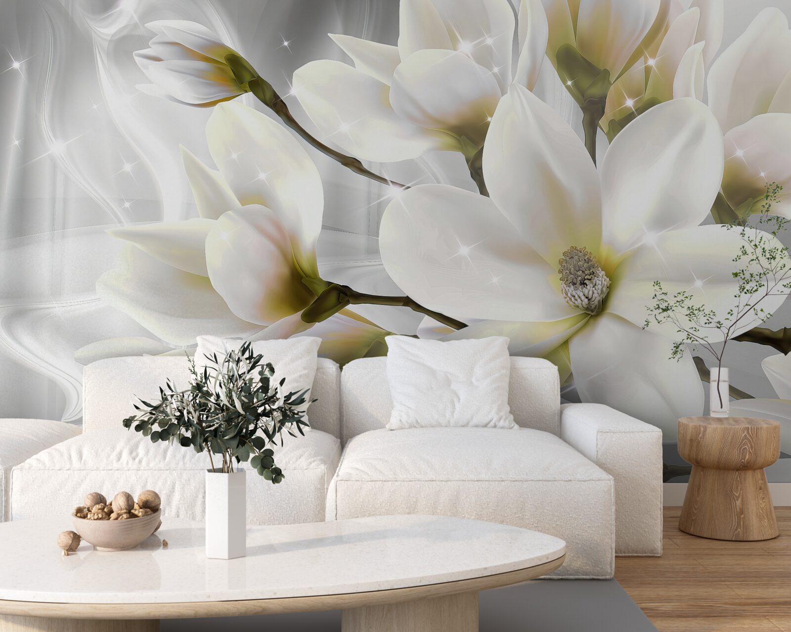 Papier peint grandes fleurs blanches comme la neige