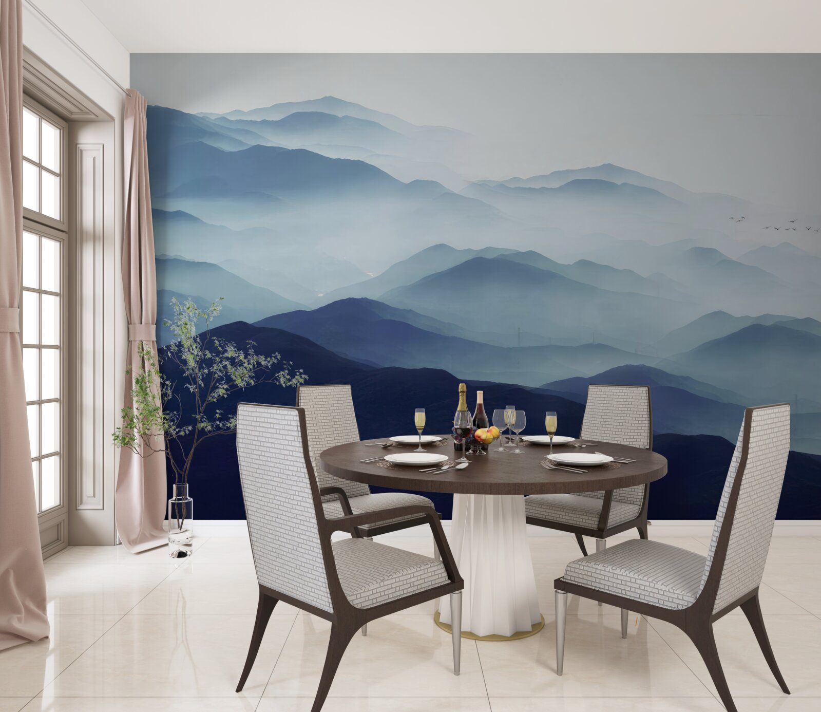 Papier peint collines enveloppées d'un épais brouillard