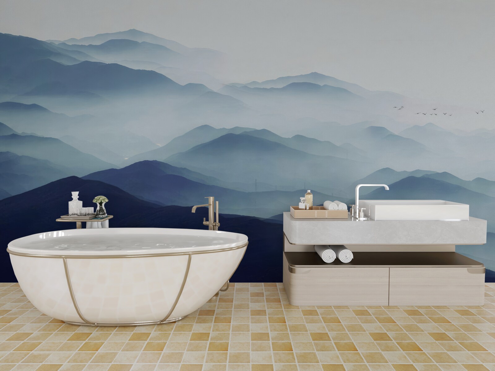 Papier peint collines enveloppées d'un épais brouillard