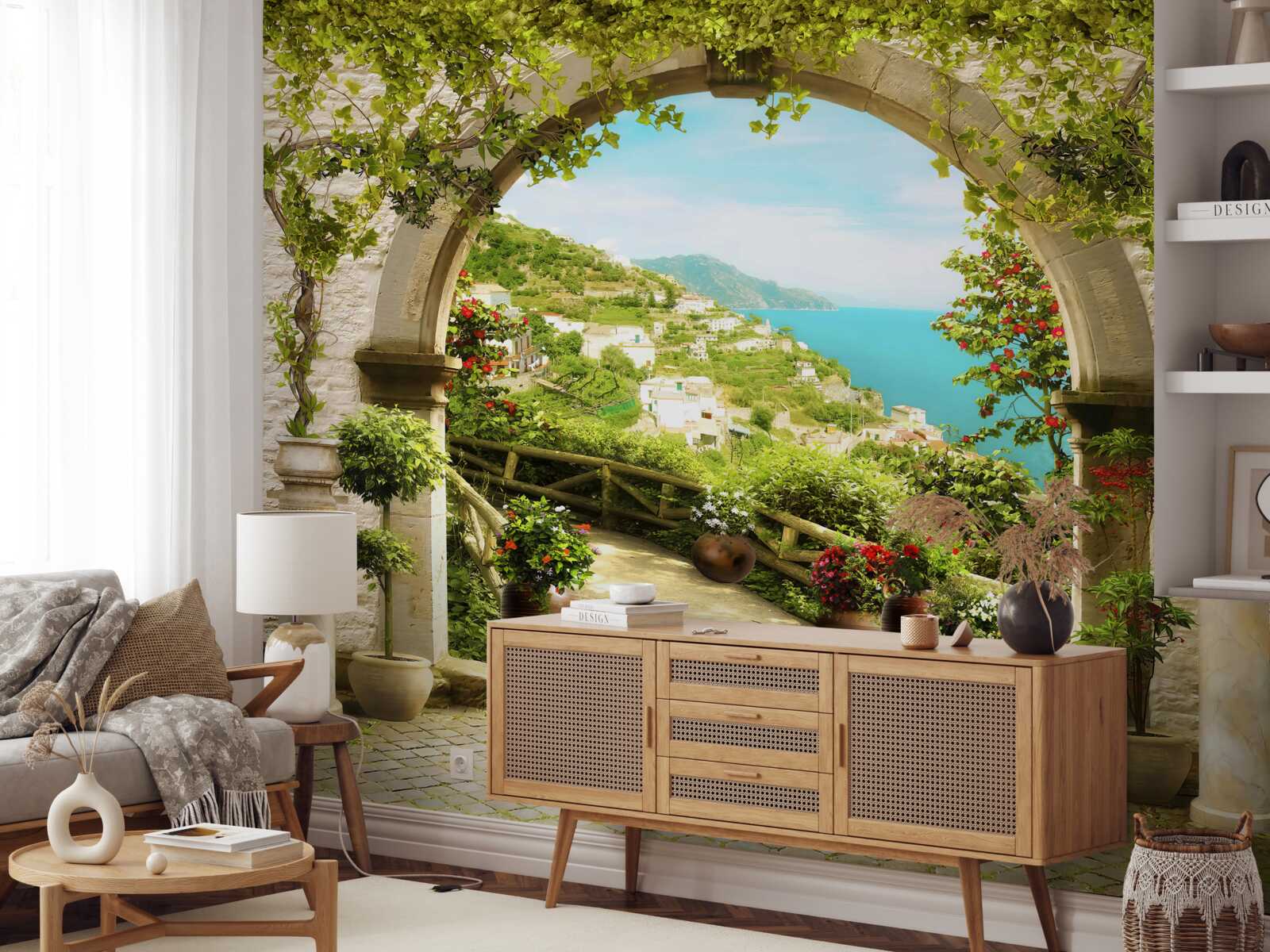 Papier peint des piliers menant à un jardin fleuri