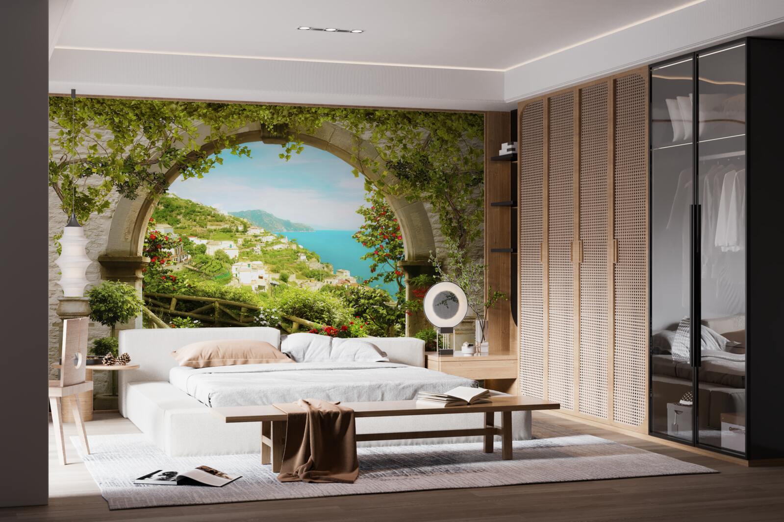 Papier peint des piliers menant à un jardin fleuri