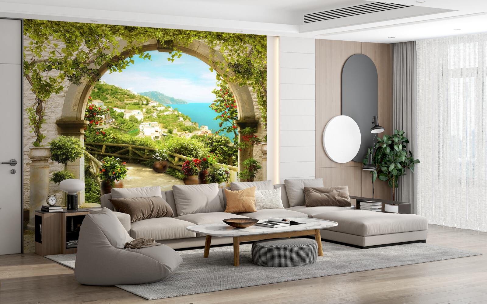 Papier peint des piliers menant à un jardin fleuri