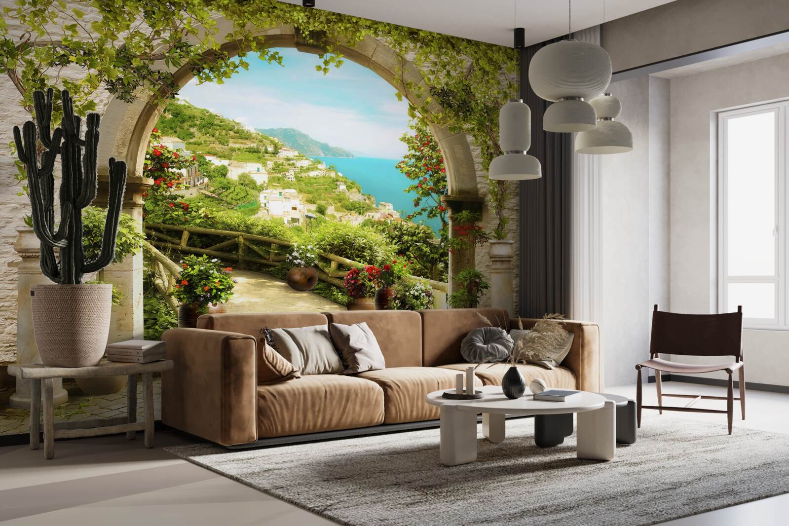 Papier peint des piliers menant à un jardin fleuri