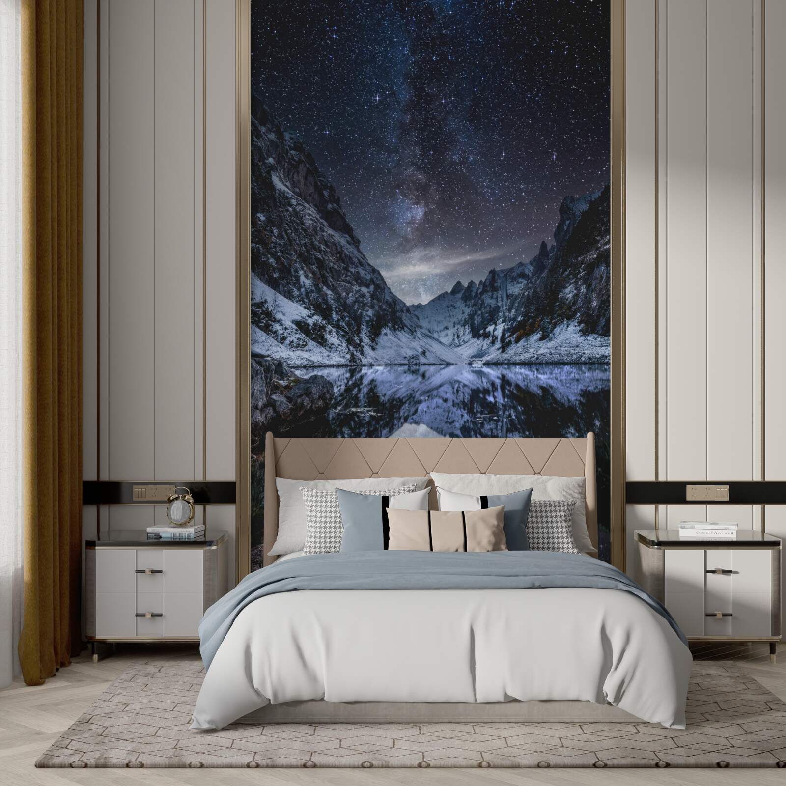 Papier peint ciel étoilé au-dessus des montagnes et de la rivière
