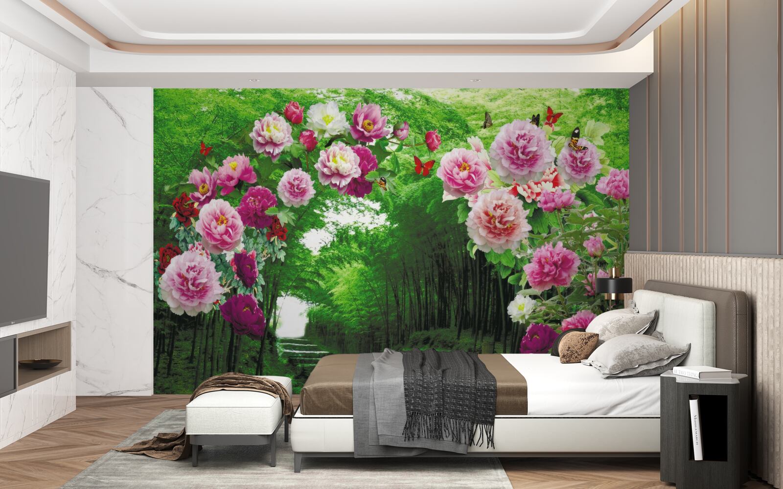 Papier peint fleurs roses à l'entrée de la forêt