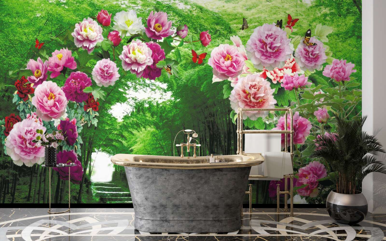 Papier peint fleurs roses à l'entrée de la forêt