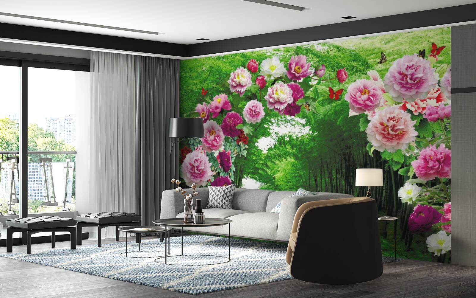 Papier peint fleurs roses à l'entrée de la forêt