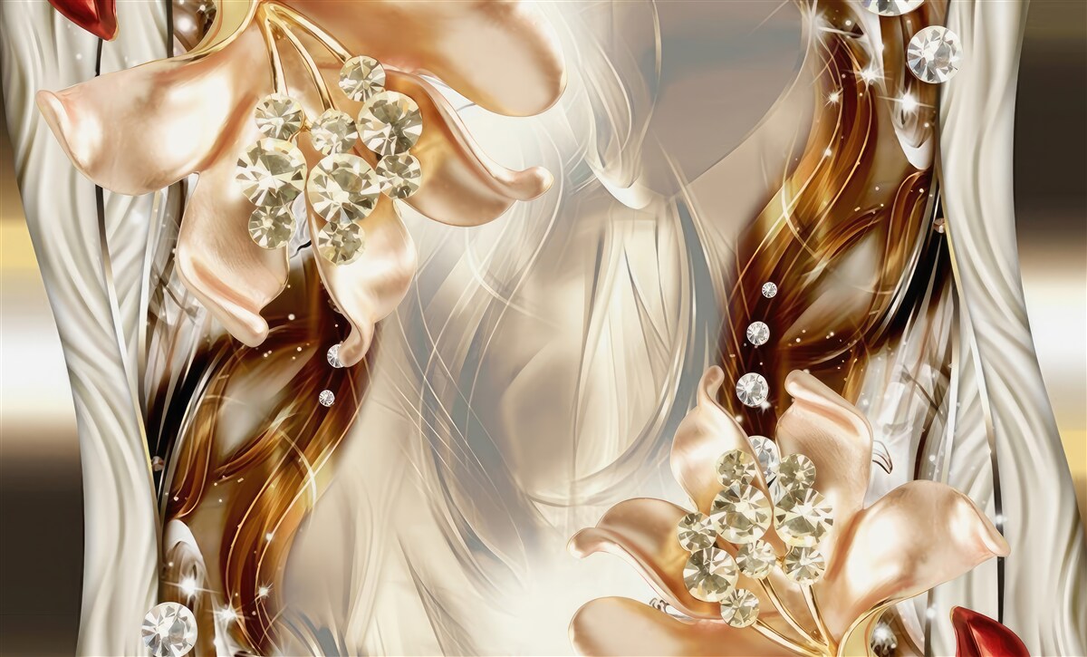 Papier peint fleurs dorées avec décorations en pierre