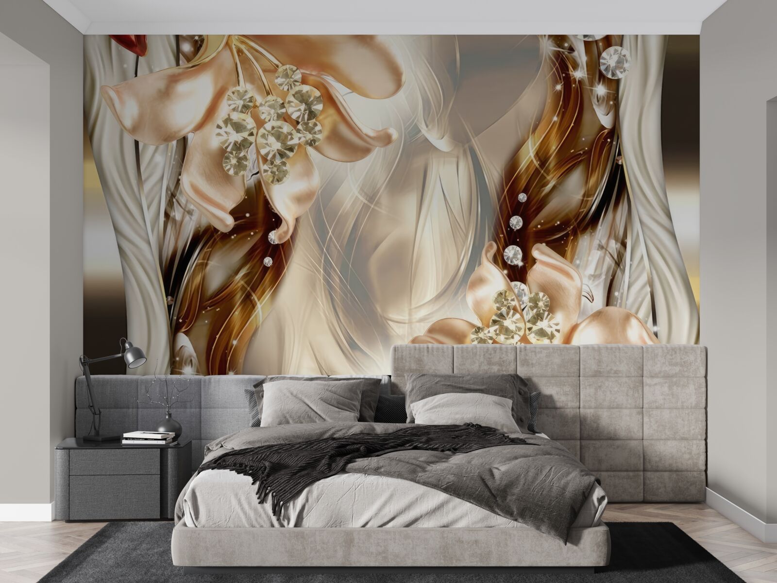 Papier peint fleurs dorées avec décorations en pierre