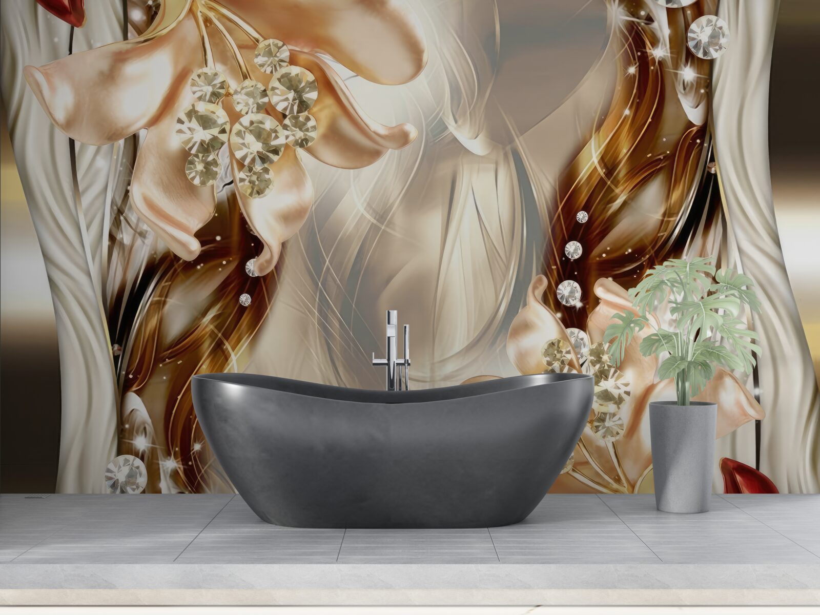 Papier peint fleurs dorées avec décorations en pierre