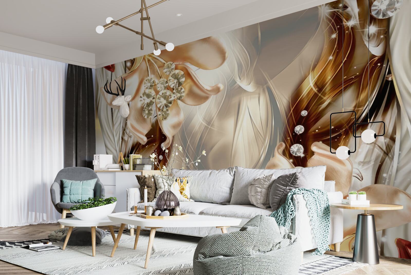 Papier peint fleurs dorées avec décorations en pierre