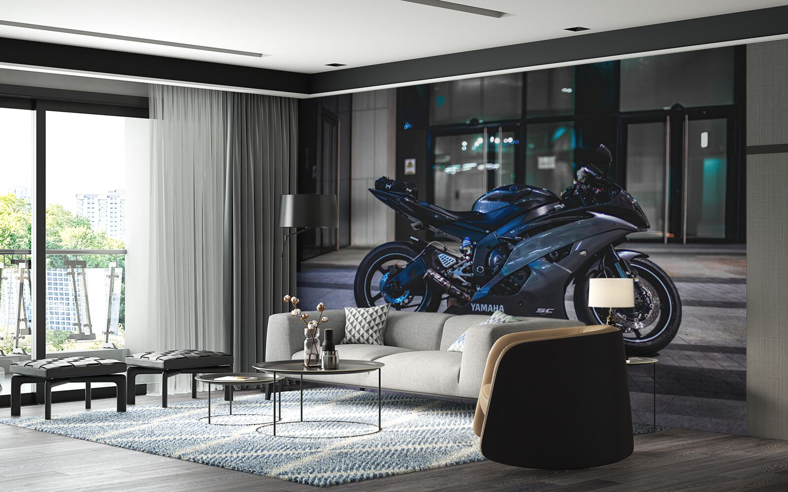 Papier peint moto bleu foncé laissée sur le parking