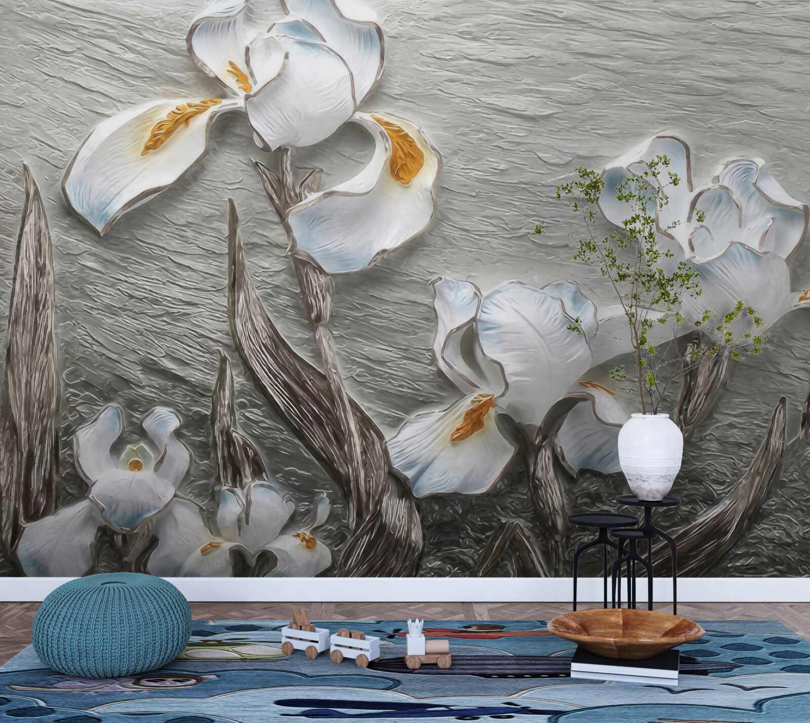 Papier peint fleurs blanches volumineuses présentées dans la photo