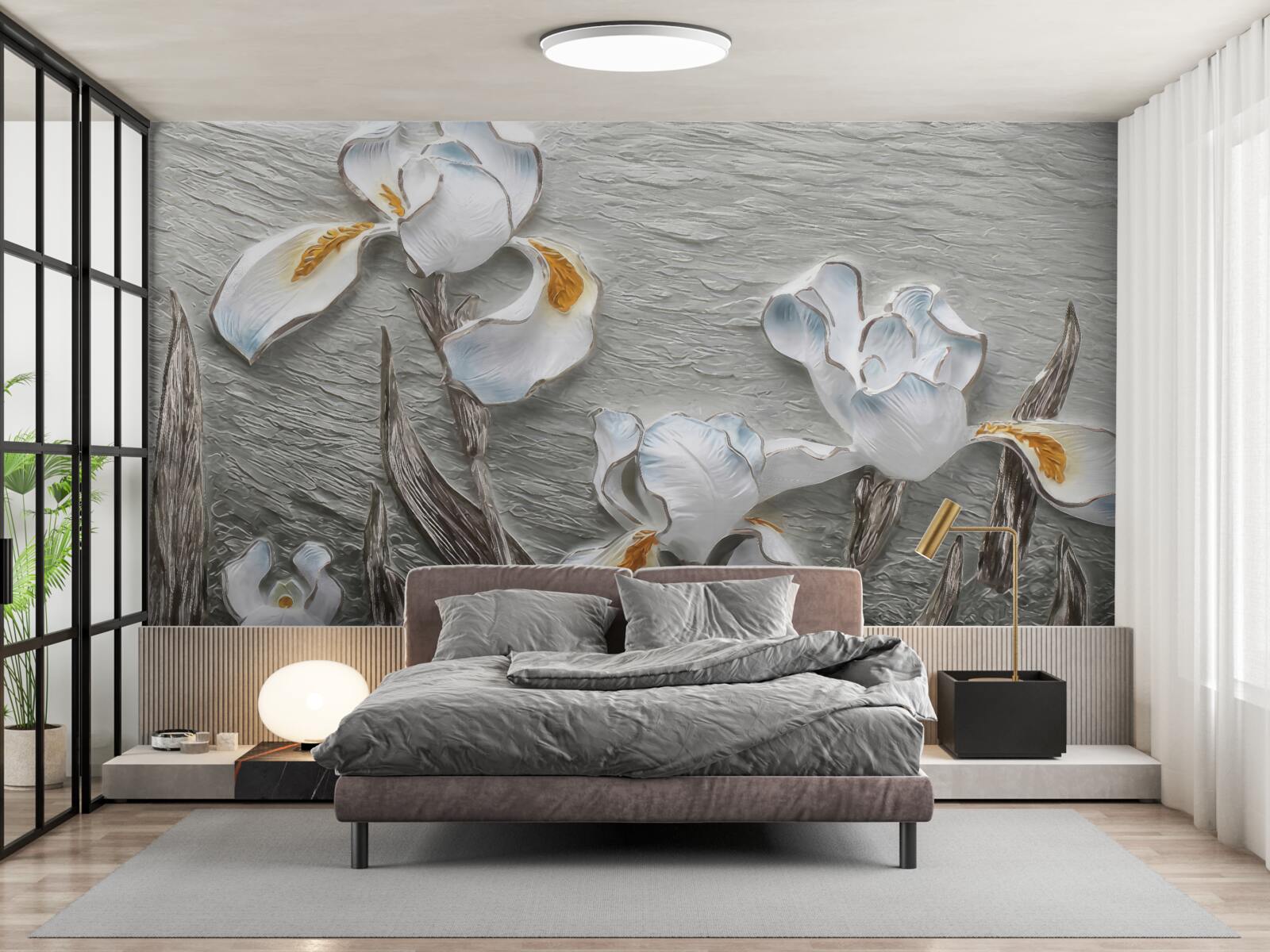 Papier peint fleurs blanches volumineuses présentées dans la photo