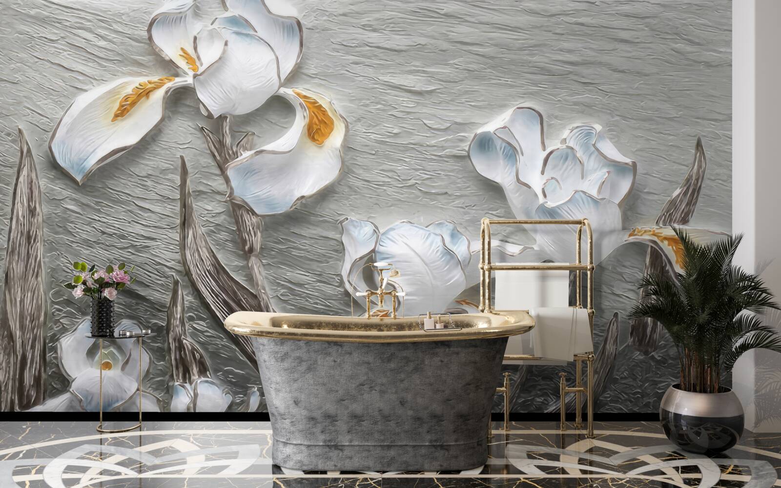 Papier peint fleurs blanches volumineuses présentées dans la photo