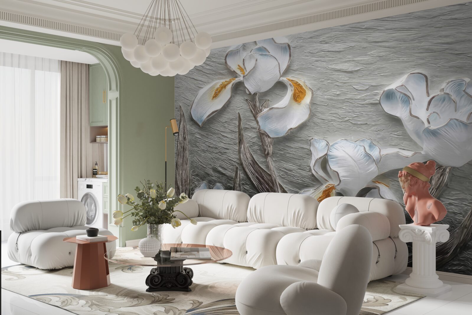 Papier peint fleurs blanches volumineuses présentées dans la photo