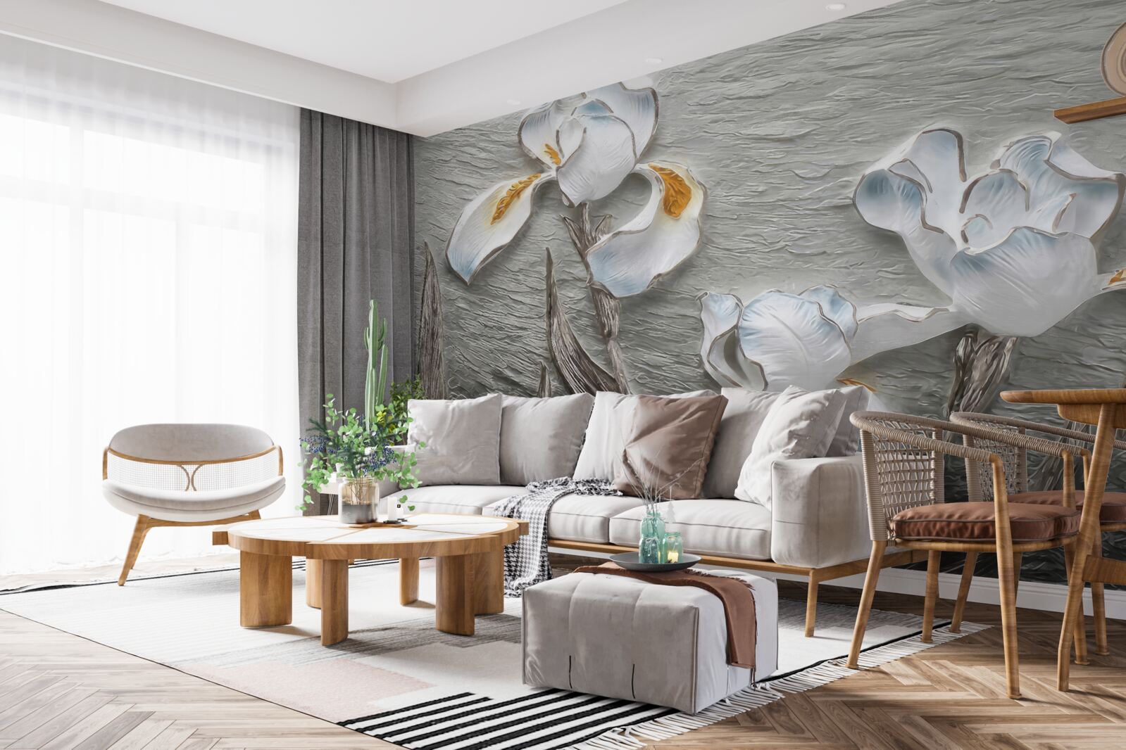 Papier peint fleurs blanches volumineuses présentées dans la photo