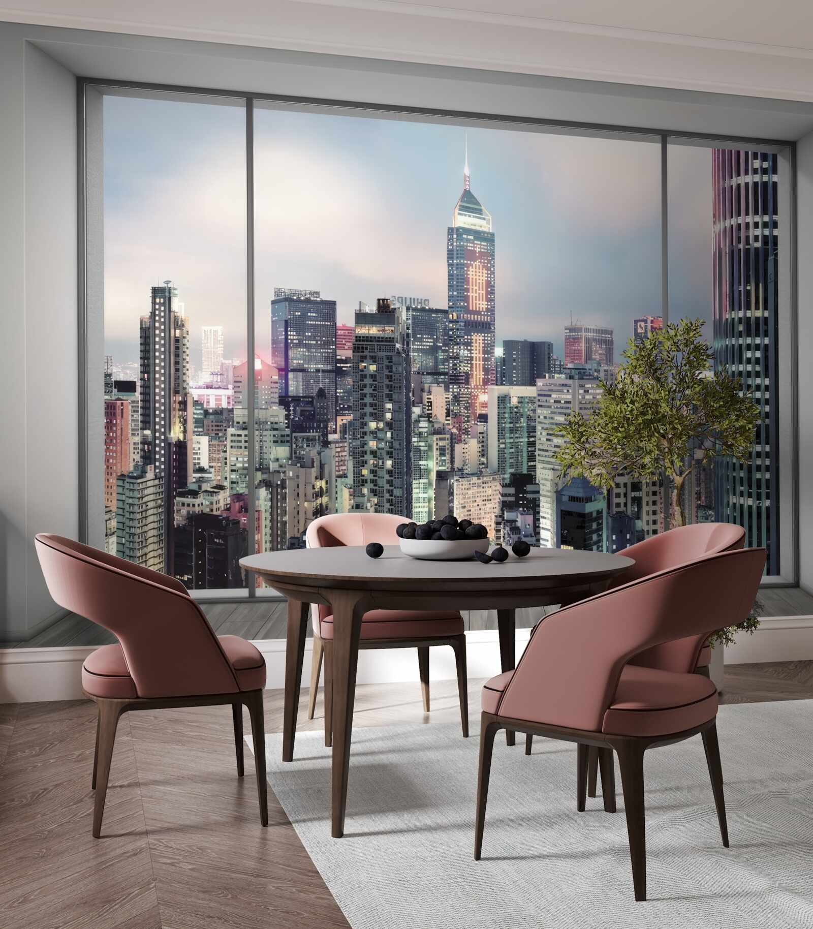 Papier peint paysage urbain du soir s'ouvrant par la fenêtre