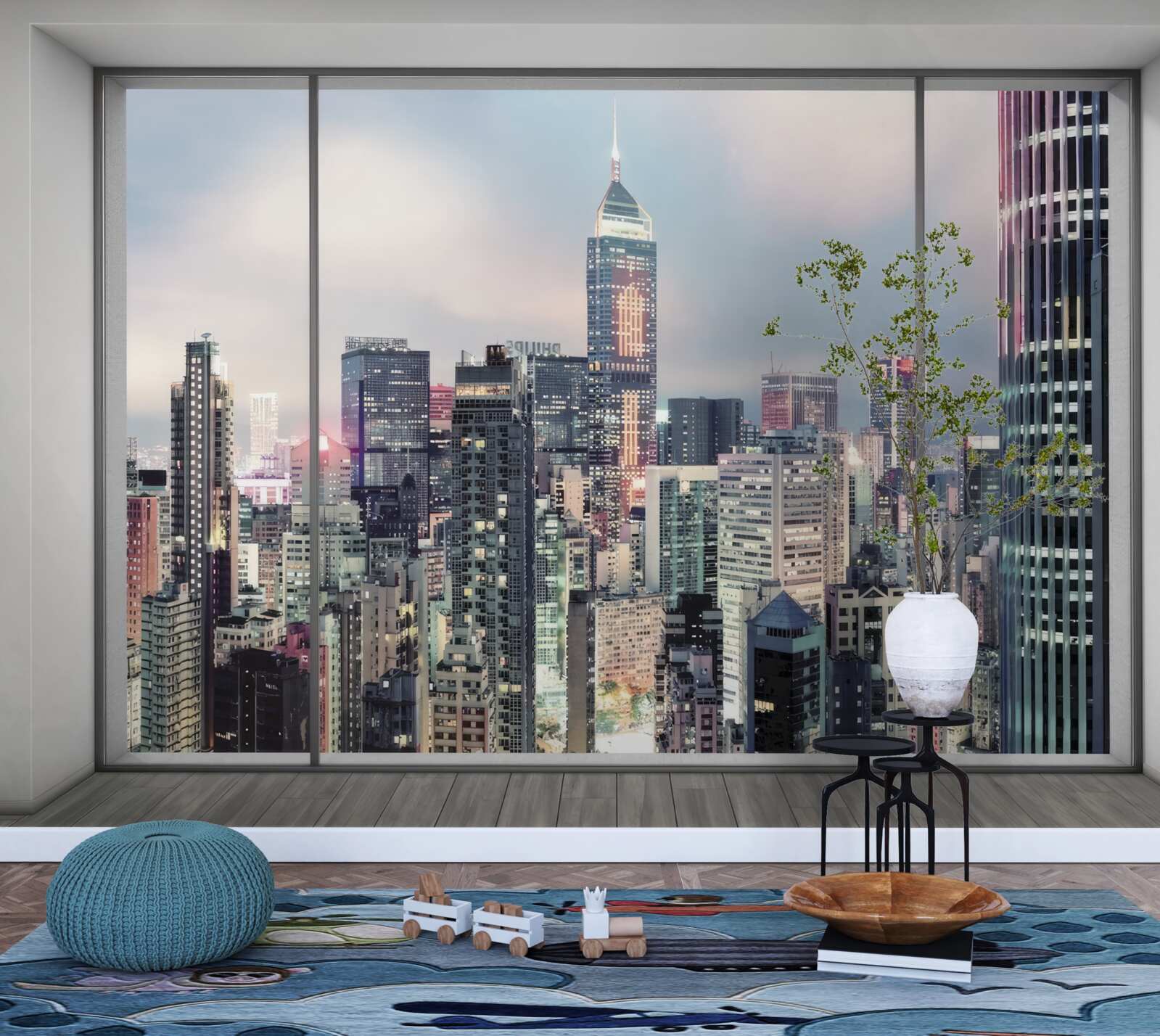 Papier peint paysage urbain du soir s'ouvrant par la fenêtre