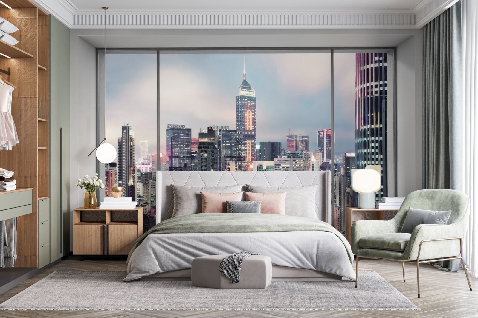 Papier peint paysage urbain du soir s'ouvrant par la fenêtre