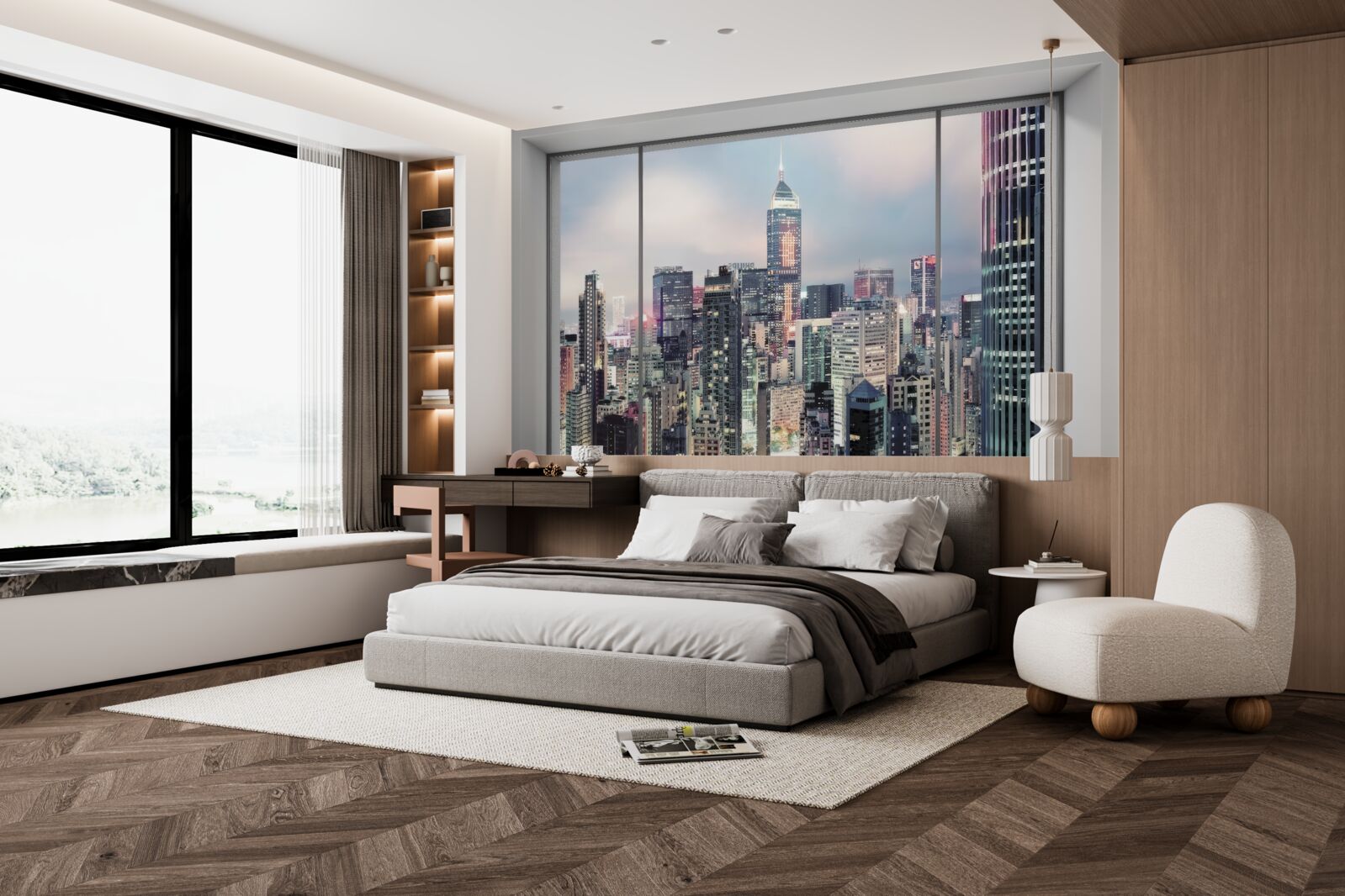 Papier peint paysage urbain du soir s'ouvrant par la fenêtre