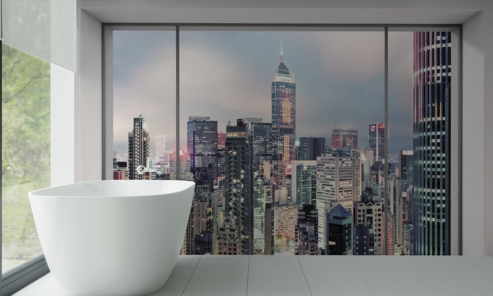 Papier peint paysage urbain du soir s'ouvrant par la fenêtre