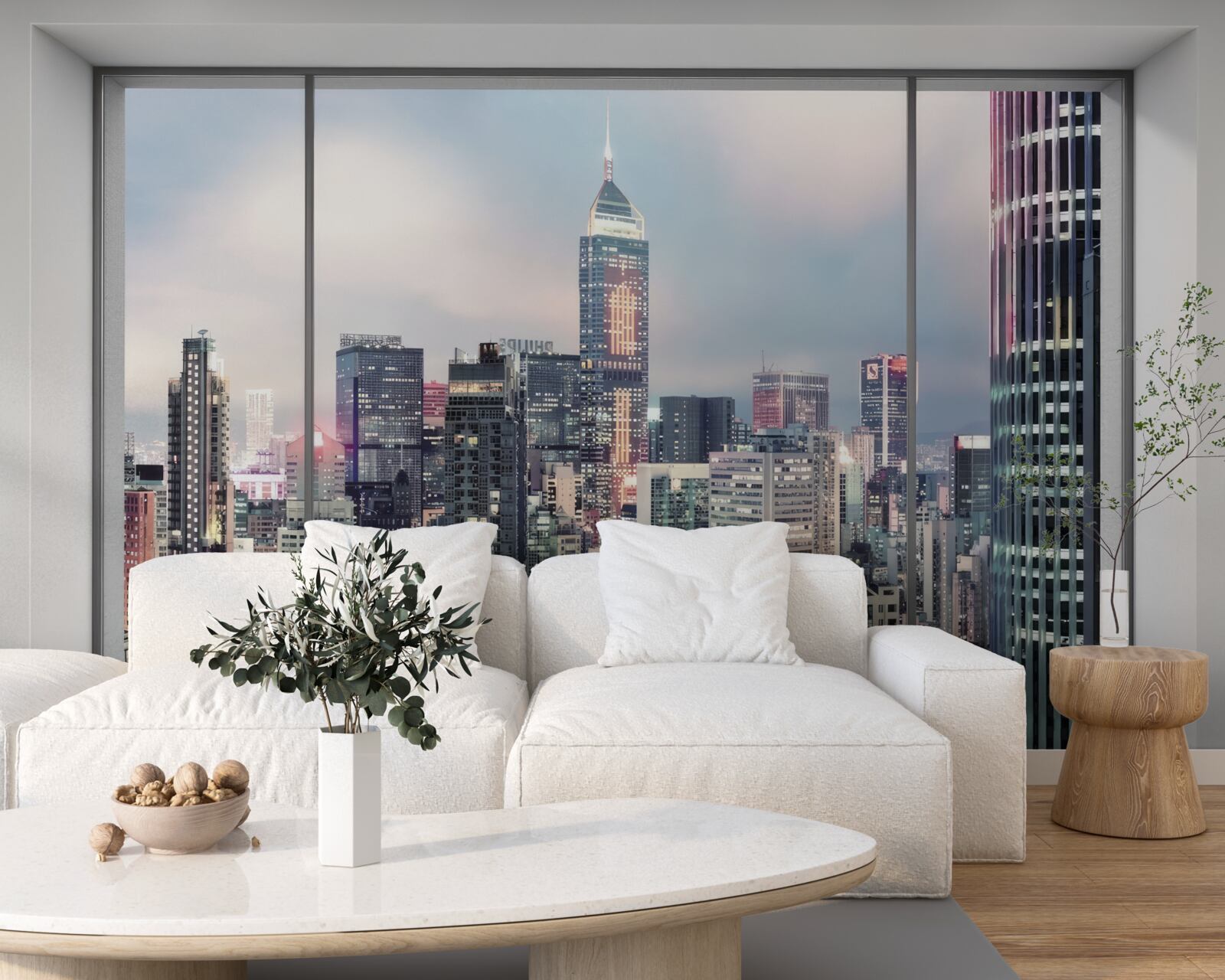 Papier peint paysage urbain du soir s'ouvrant par la fenêtre