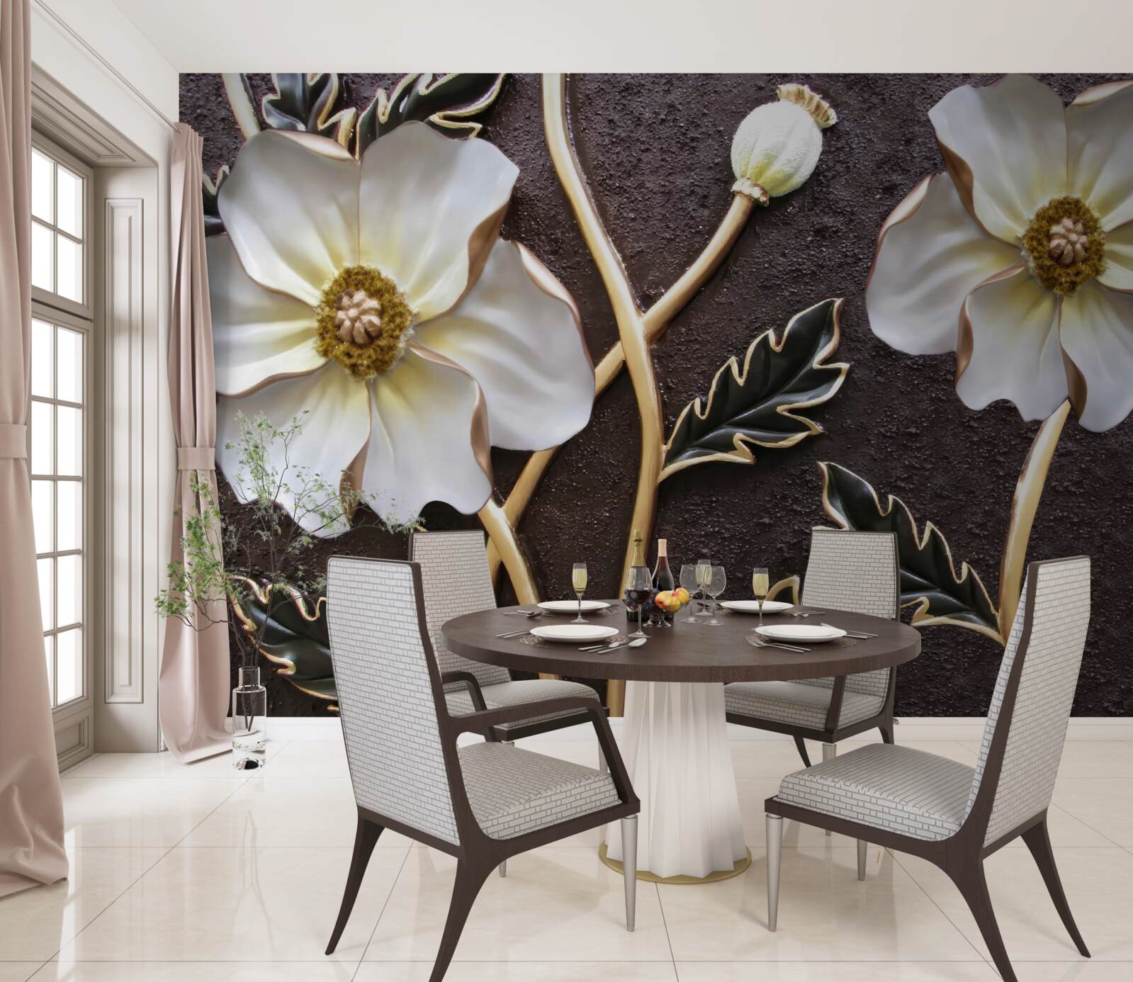 Papier peint grandes fleurs blanches