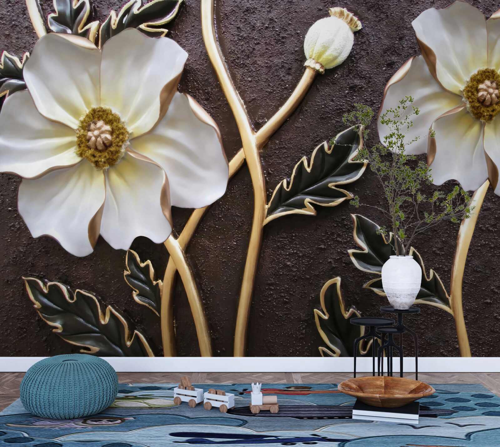 Papier peint grandes fleurs blanches