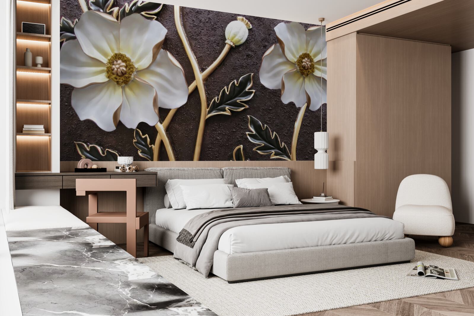 Papier peint grandes fleurs blanches