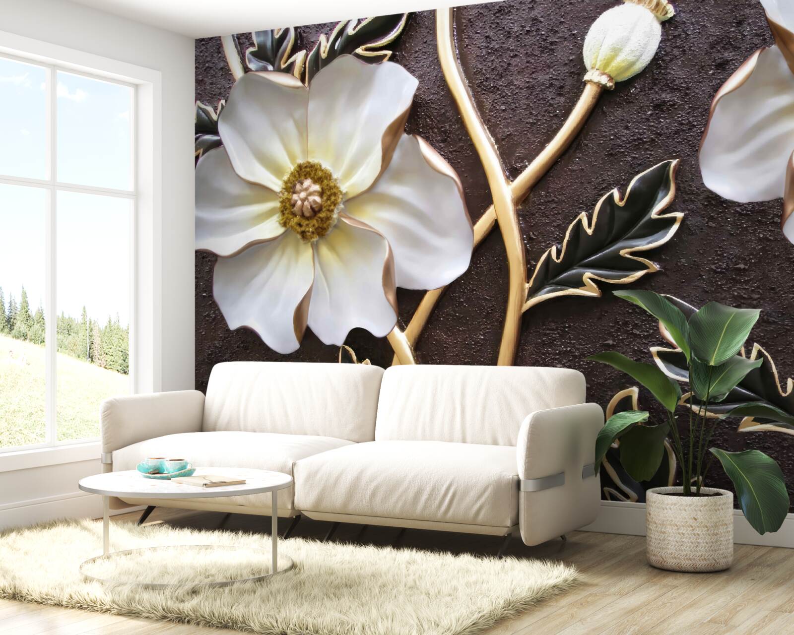 Papier peint grandes fleurs blanches