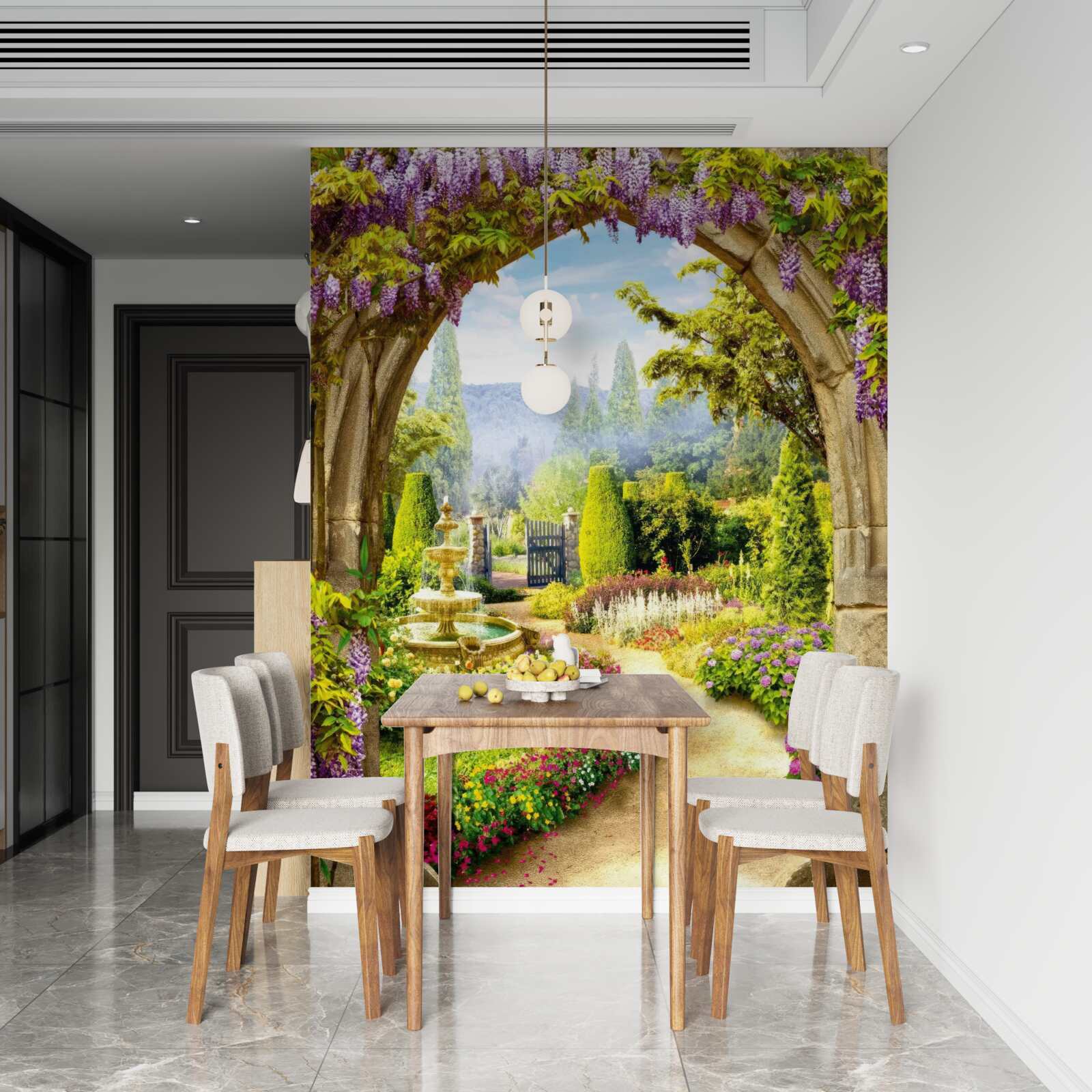 Papier peint un magnifique jardin fleuri avec une fontaine